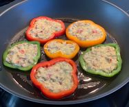 Vegan omelette filled bell pepper flowers