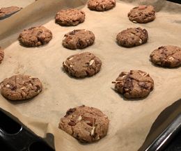 Vegan peanut butter chocolate chip cookies fresh out of the oven