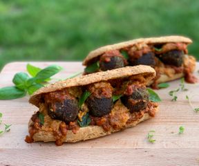 Amazing vegan meatball subs with herb bread mini baguettes