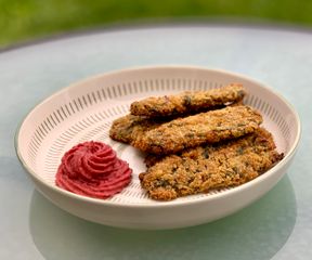 Beetroot hummus with crispy vegan potato spinach fritters